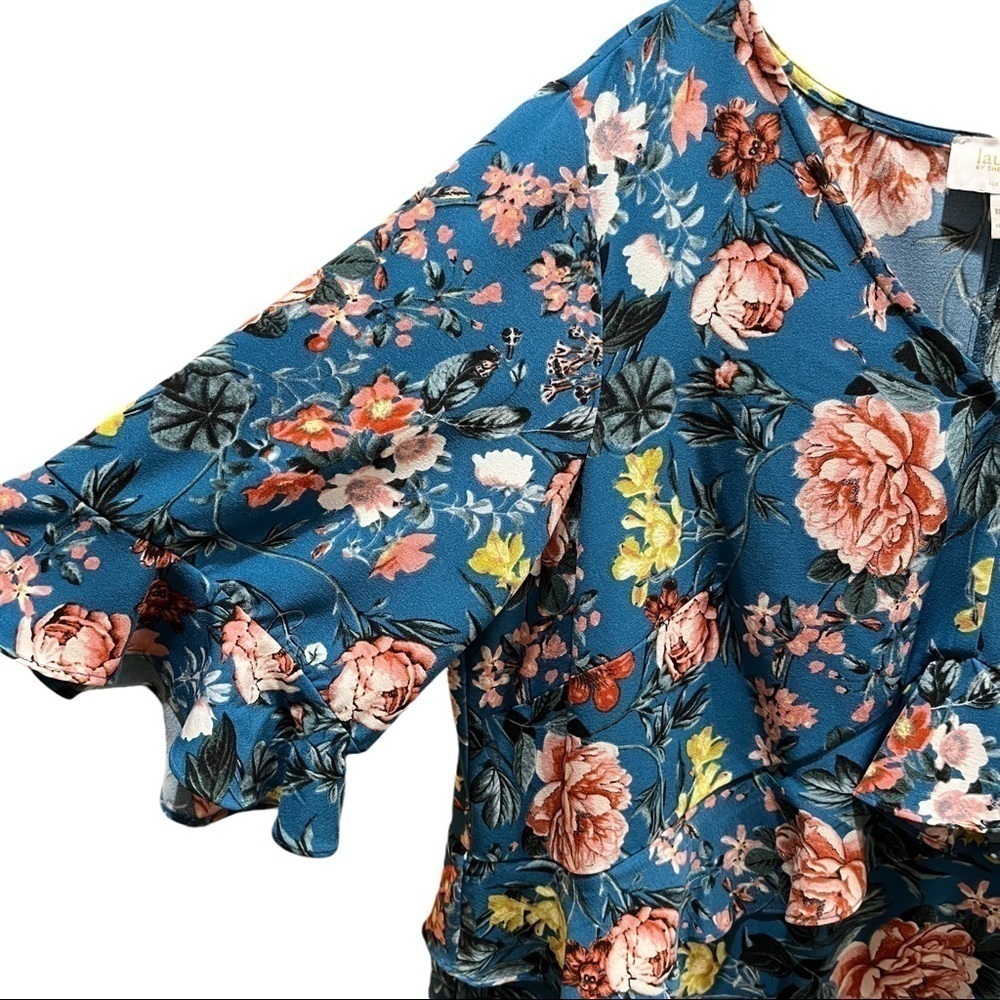 Laundry by Shelli Segal Teal Blue Floral Print Asymmetrical Ruffled Dress Sz 18W - Picture 5 of 10